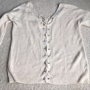Boutique Beige Lace Up Back V Neck Sweater​